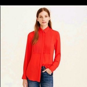 J.Crew Red Drapey Tuxedo Button Up Blouse Pleated